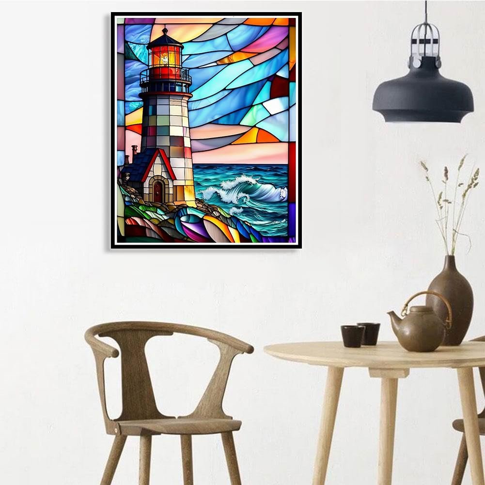 Diamond painting kit featuring a lighthouse on a rocky shore with crashing waves, rendered in a stained glass style.