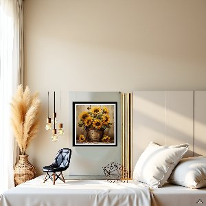 Sunflower diamond painting kit artwork displayed on a wall above a bed with pillows and a chair.