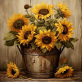 Vase of sunflowers in a rustic bucket against a wooden background, with sunflowers on the table