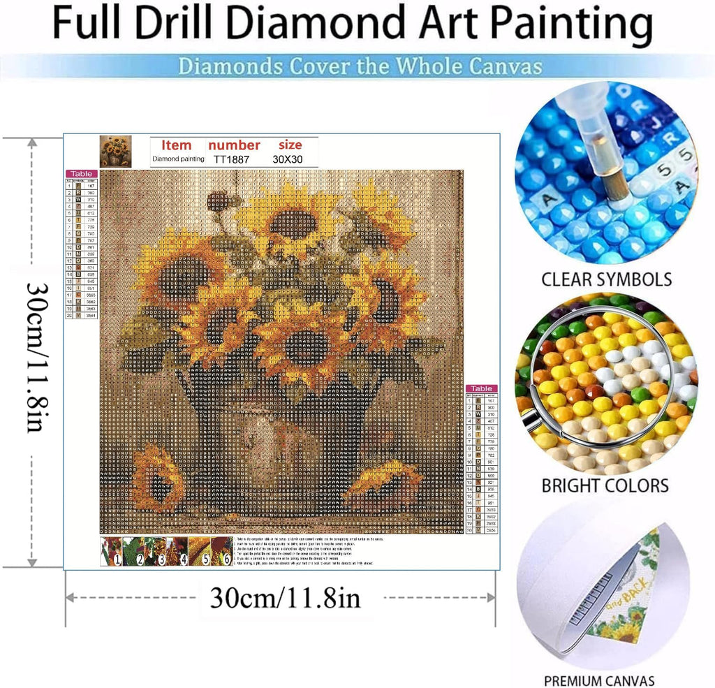 5D sunflower diamond painting kit showing the full canvas with rhinestones applied, and close-ups of the diamonds and canvas texture.