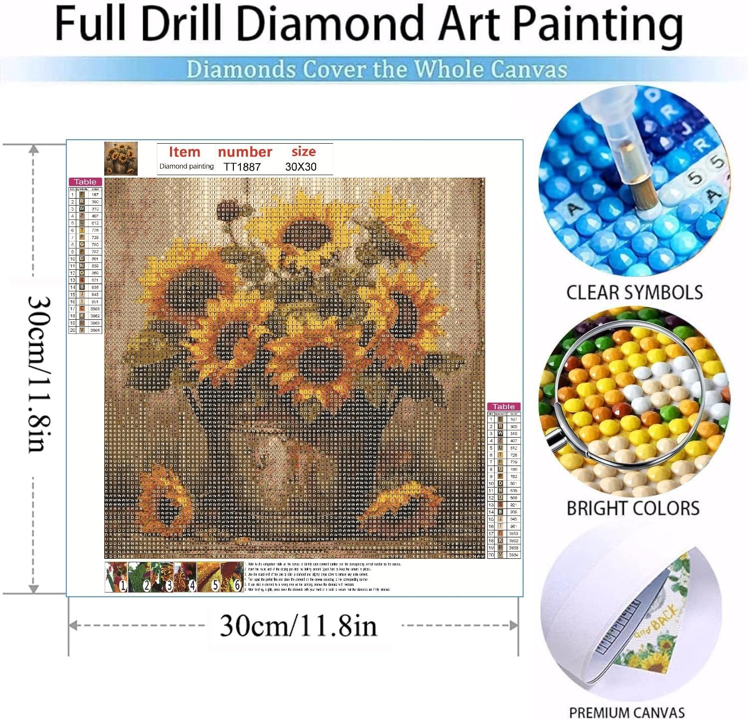 5D sunflower diamond painting kit showing the full canvas with rhinestones applied, and close-ups of the diamonds and canvas texture.