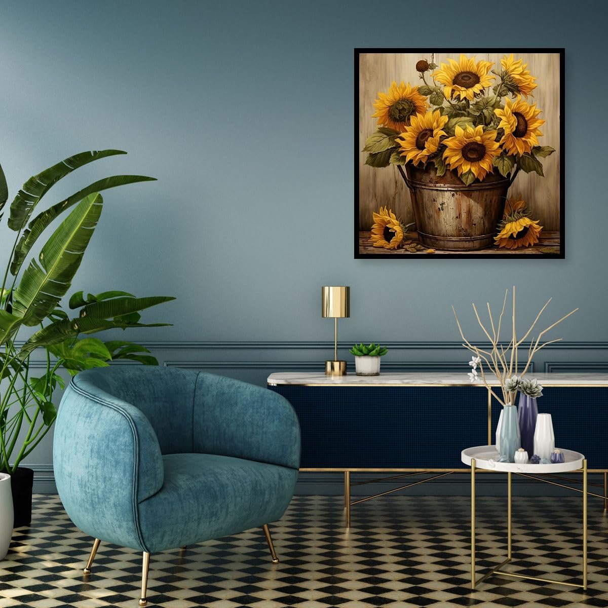 Framed 5D sunflower diamond painting kit artwork hanging on a wall above a console table with a chair and plant.