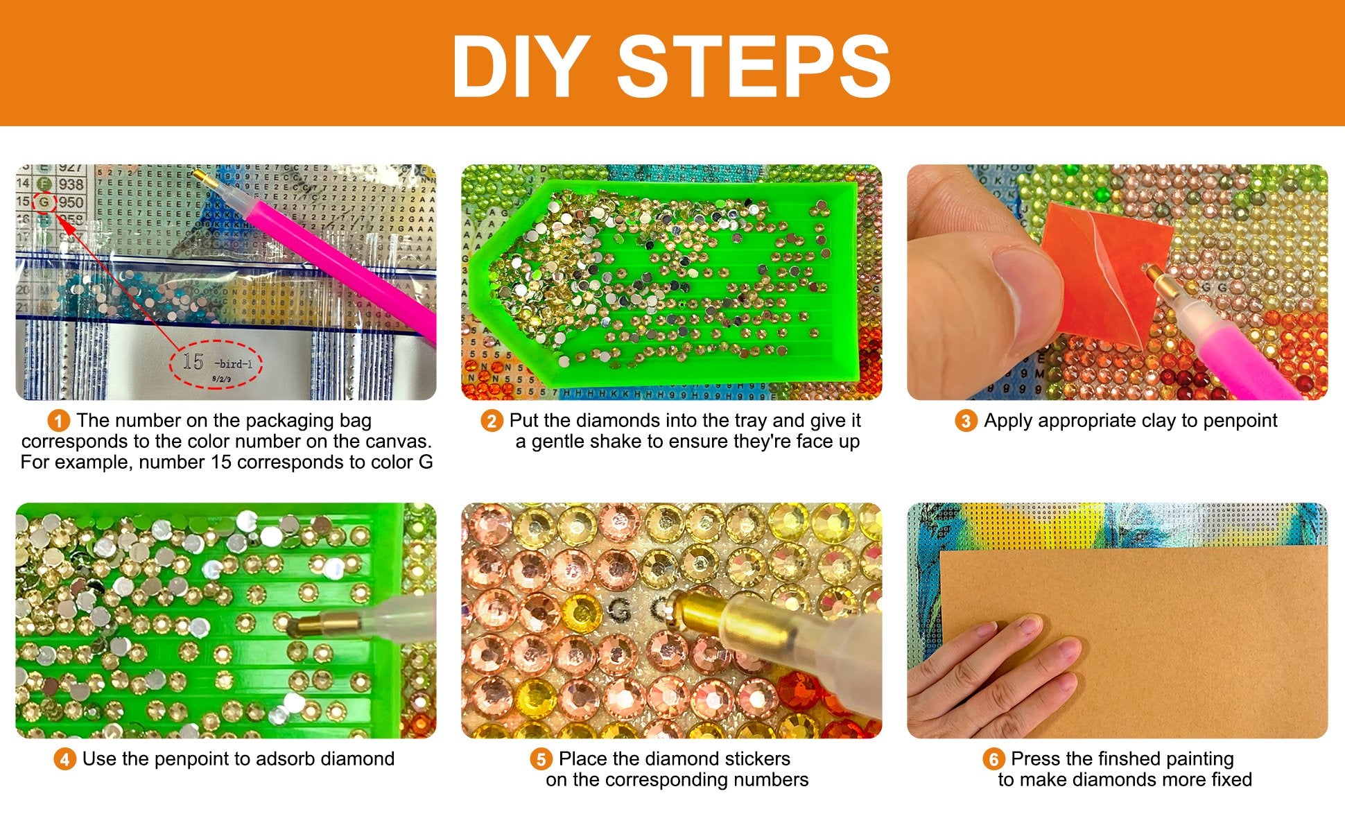 Diamond painting kit instructions showing 6 steps: matching numbers, sorting diamonds, applying clay, picking up diamonds, placing diamonds, and pressing the finished painting.