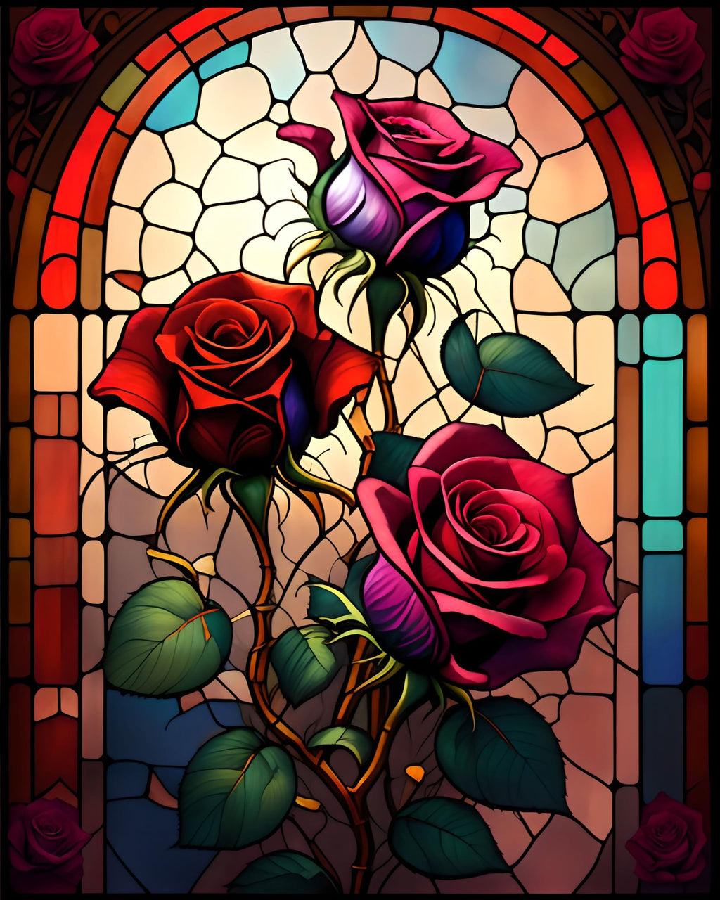 Stained glass window art with red and pink roses and green leaves