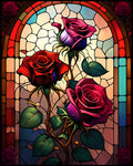 Stained glass window art with red and pink roses and green leaves
