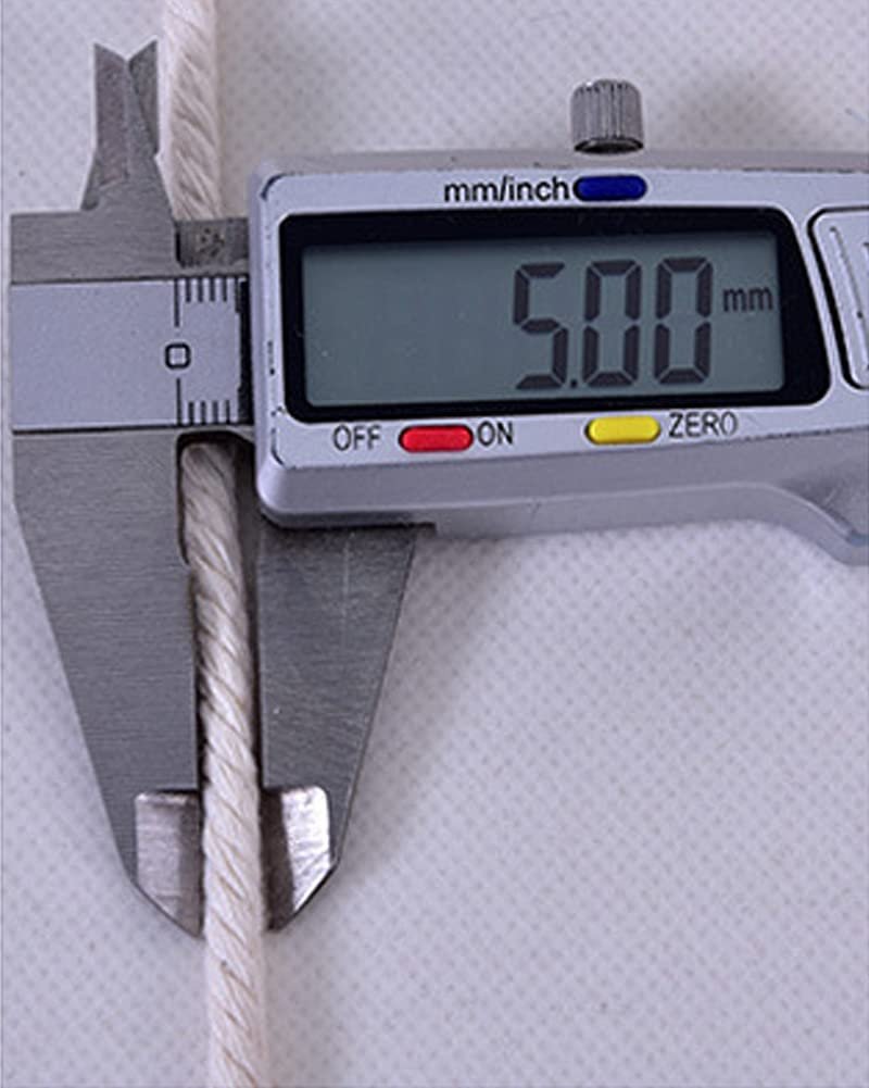Digital caliper measuring 5.00mm thickness of beige cotton macrame cord on a textured white background.
