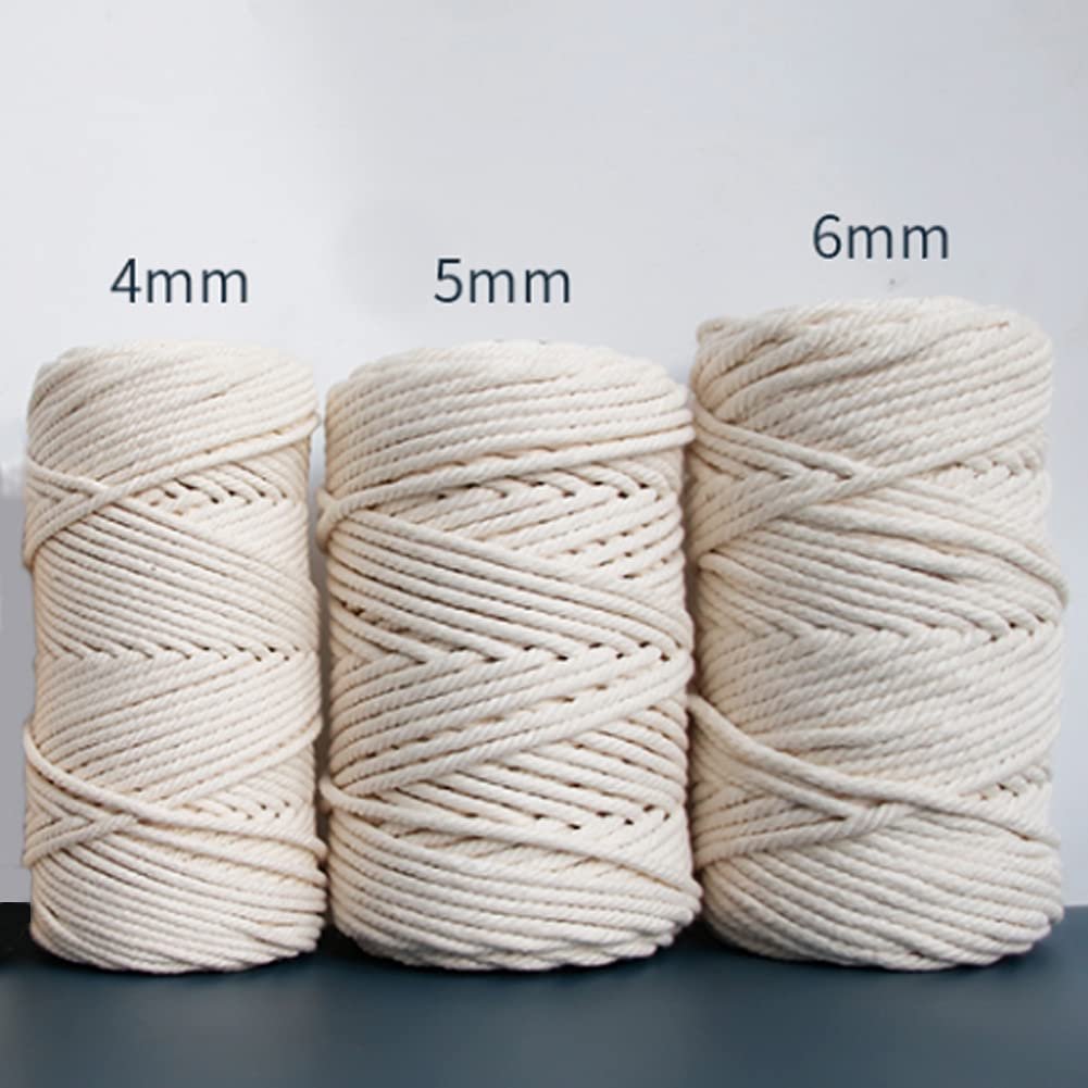 Three spools of beige cotton macrame cord, labeled 4mm, 5mm, and 6mm, displayed side-by-side.