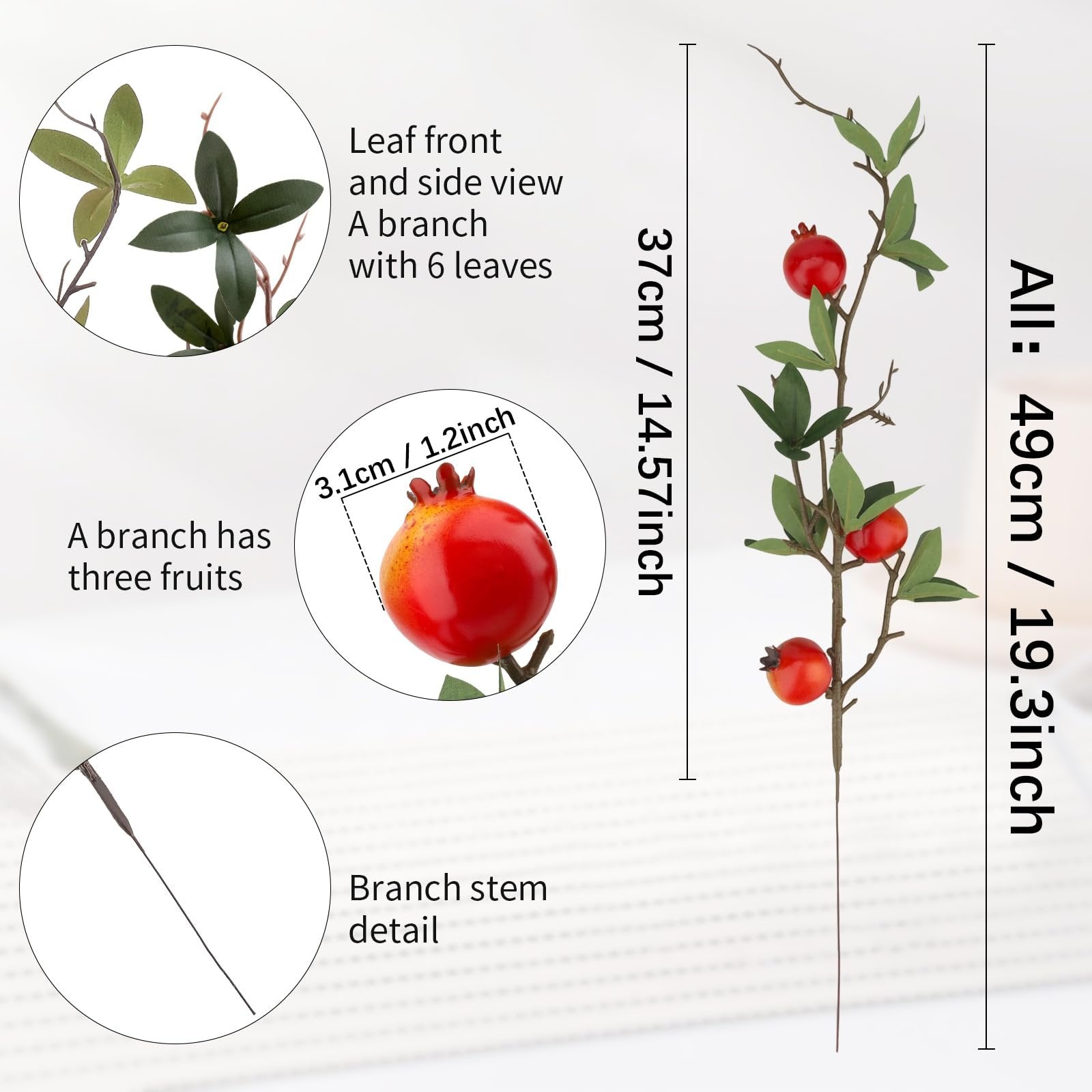 Artificial pomegranate branch with red fruits and green leaves, showing dimensions and detail views.