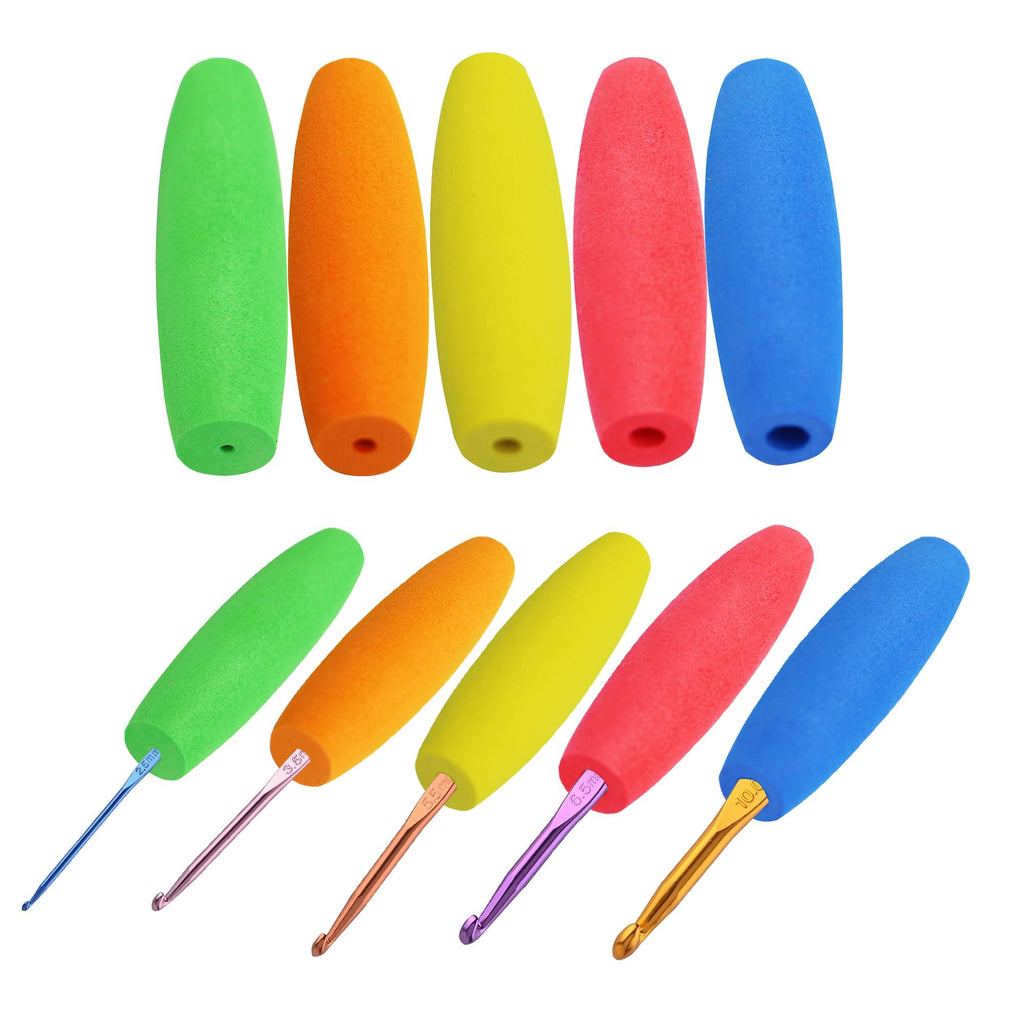 Set of 5 colorful ergonomic crochet hook grips with metal hooks attached, showing sizes 2.5mm to 10mm