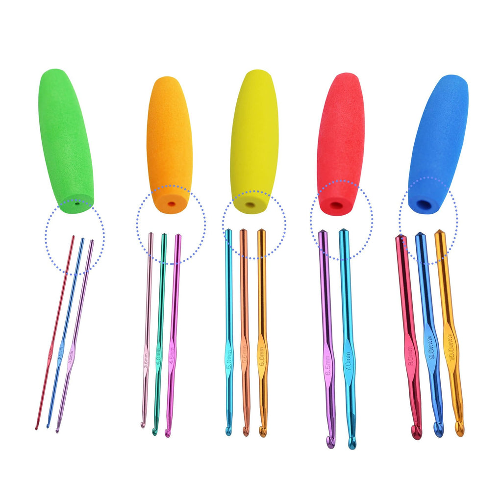 Five sets of colorful crochet hooks with ergonomic foam grips, each set showing hook sizes from 2.0mm to 10.0mm.