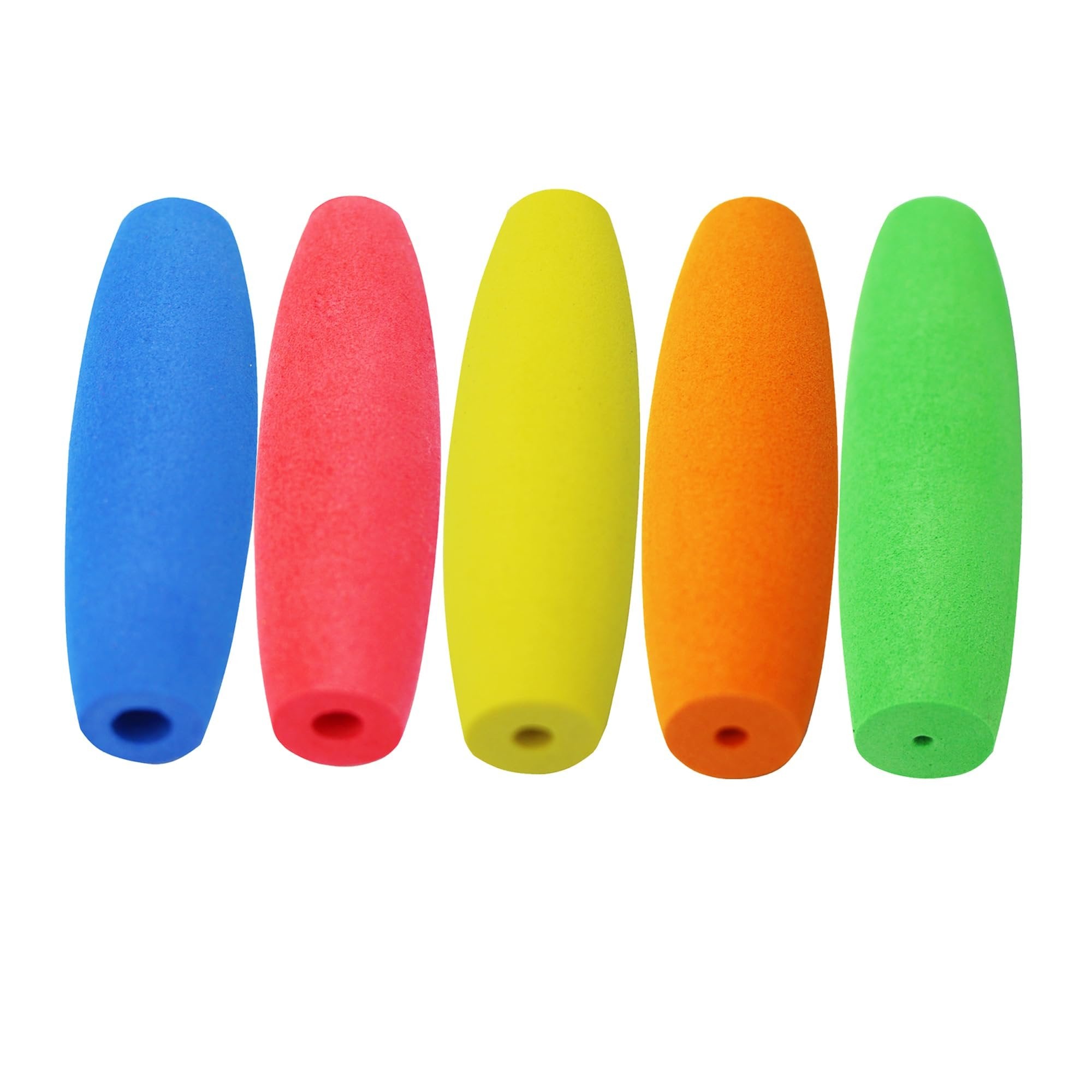 Five colorful ergonomic crochet hook grips in blue, red, yellow, orange, and green, shown from a slightly angled front view on a white background.