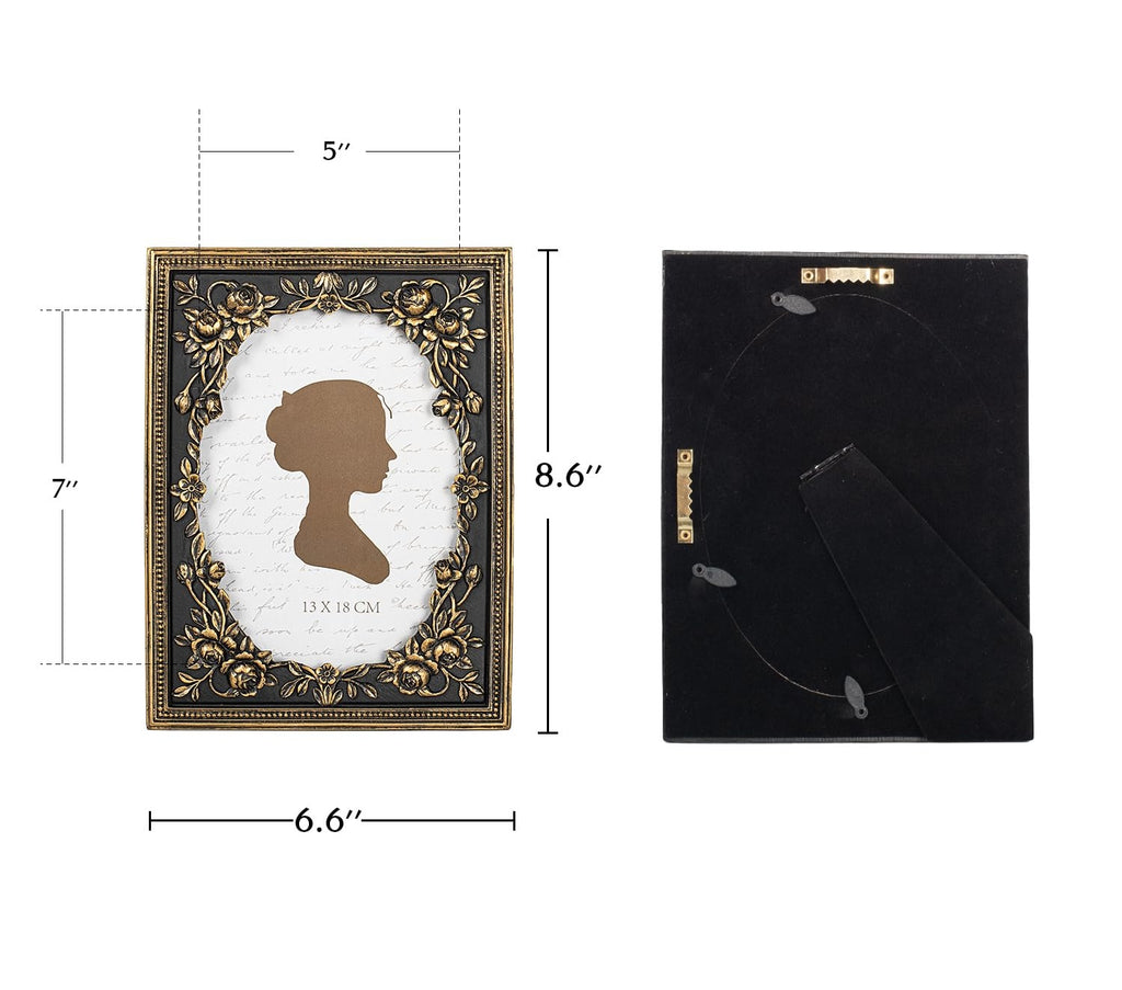 Vintage black and gold picture frame shown front and back with dimensions marked.