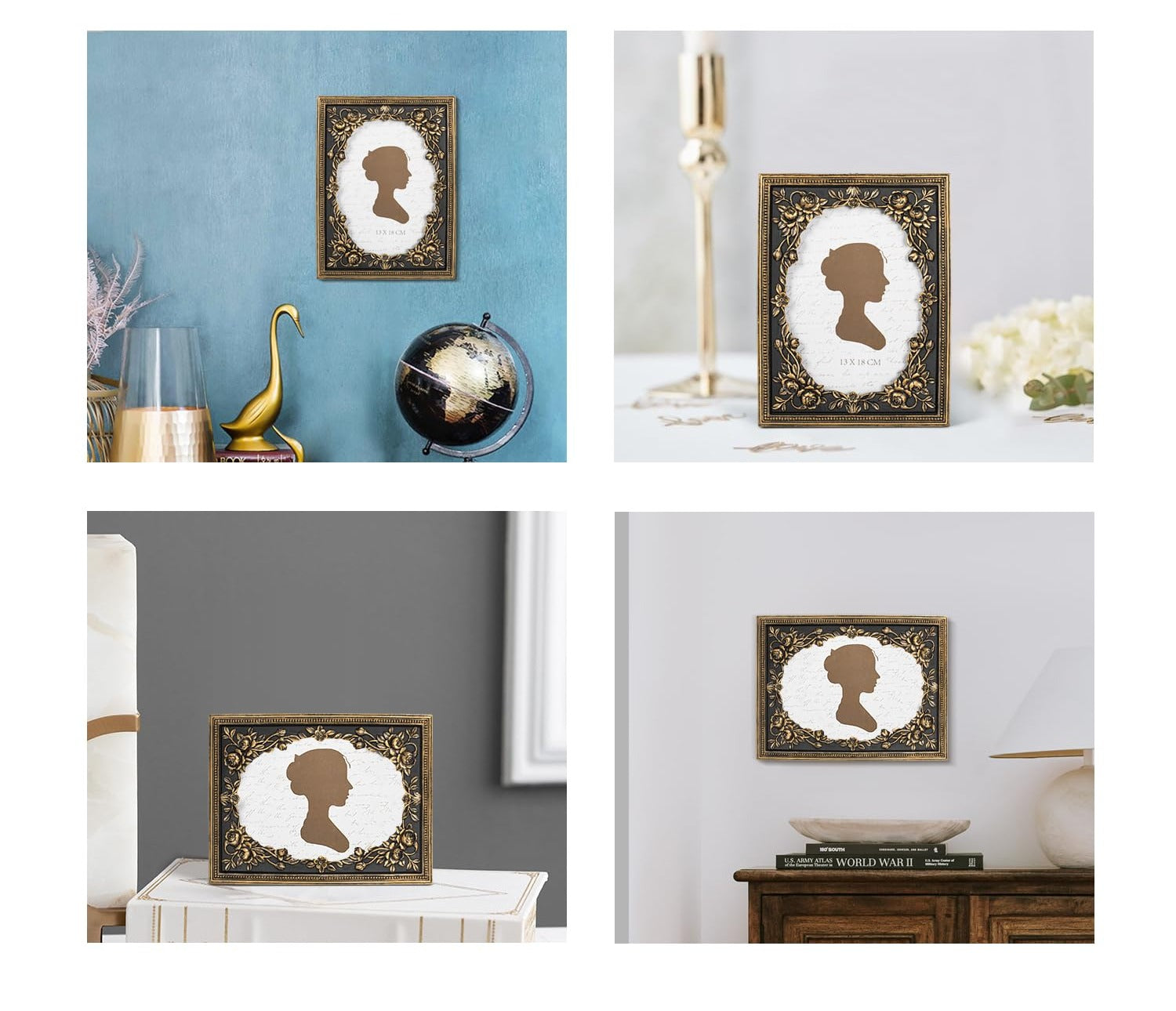 Four vintage black and gold picture frames with silhouette inserts displayed in different settings.