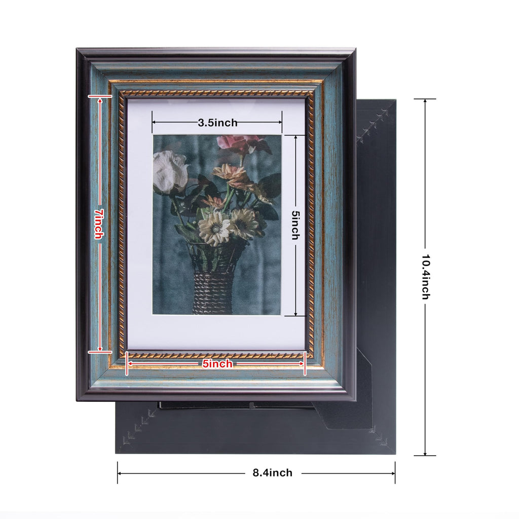 Peacock blue picture frame with gold trim, showing dimensions for 5x7 photo and 4x6 mat opening.