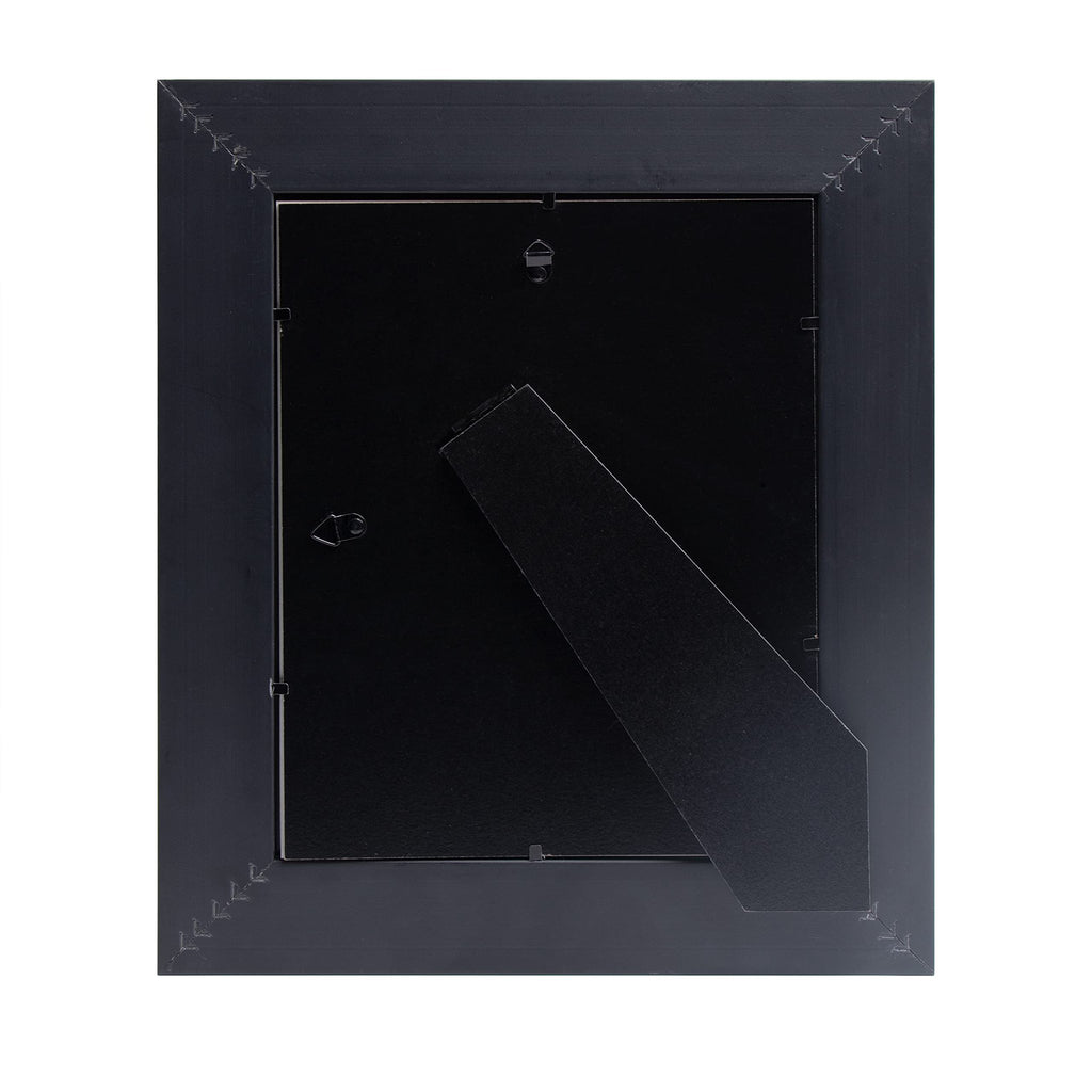Back view of a dark blue picture frame with a stand and hanging hardware