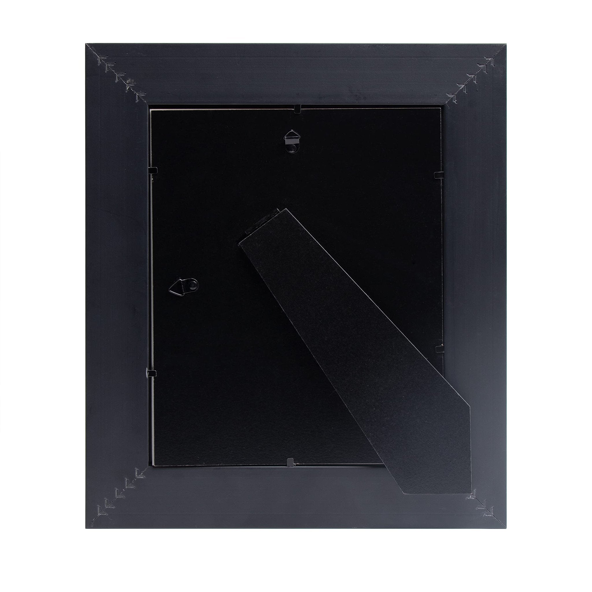 Back view of a dark blue picture frame with a stand and hanging hardware