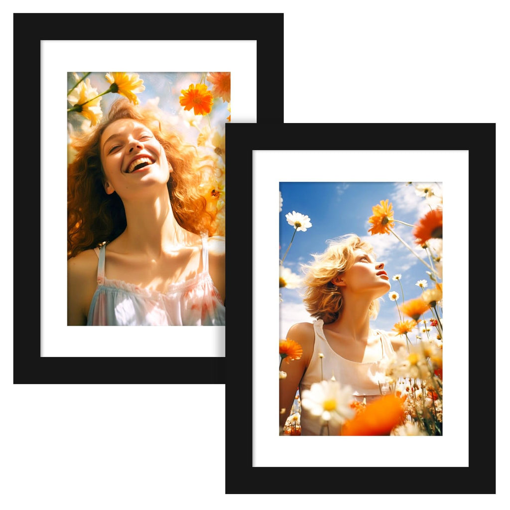 Two black picture frames displaying women in a field of flowers, one laughing, the other looking up