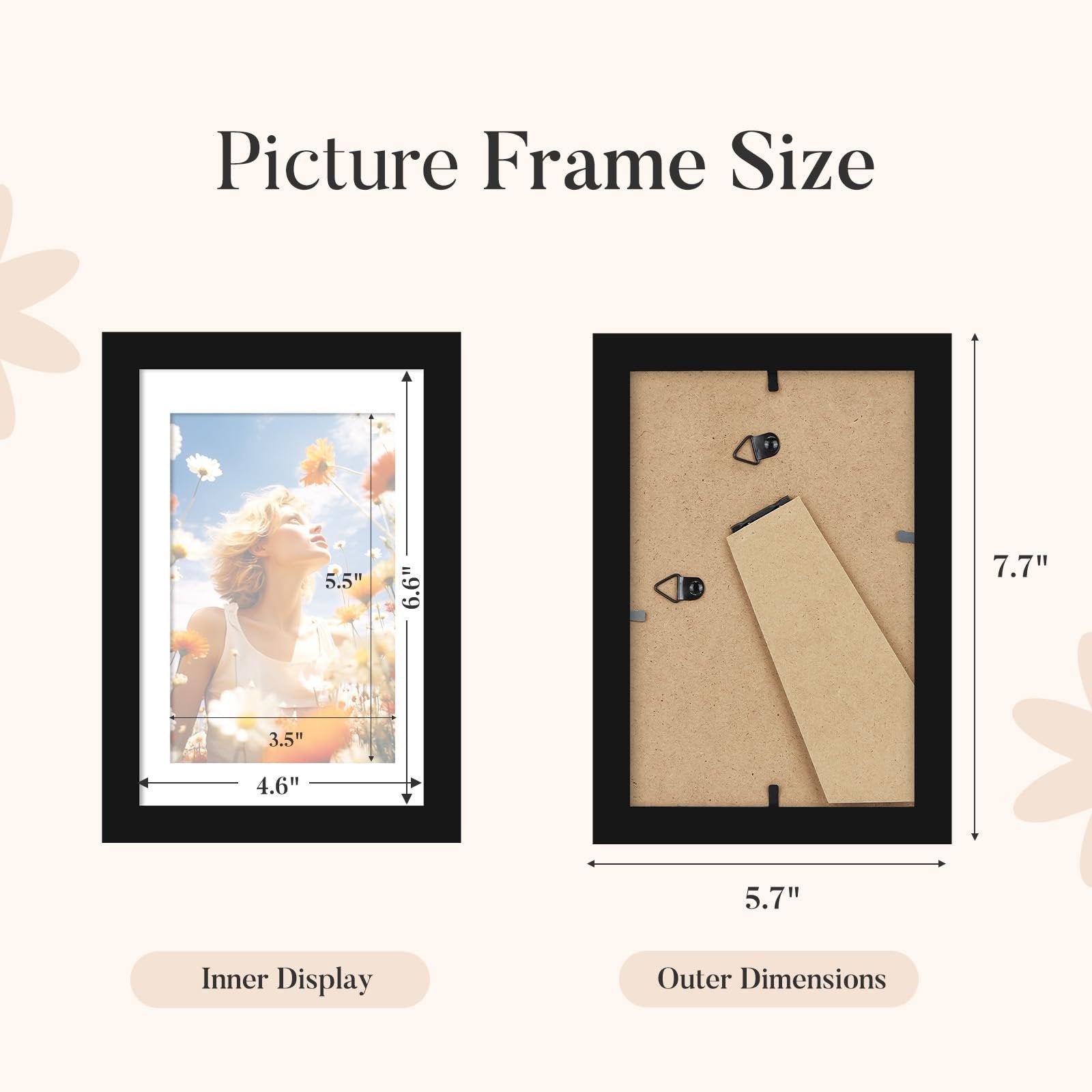 Black picture frame shown front and back with dimensions labeled for inner display and outer dimensions.