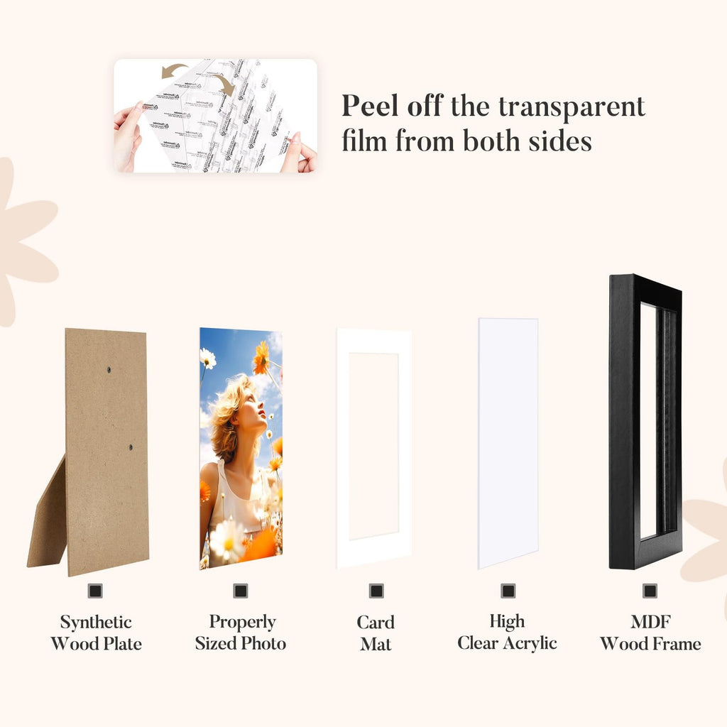 Set of two black MDF wood picture frames, shown with components: synthetic wood plate, properly sized photo, card mat, and high clear acrylic.