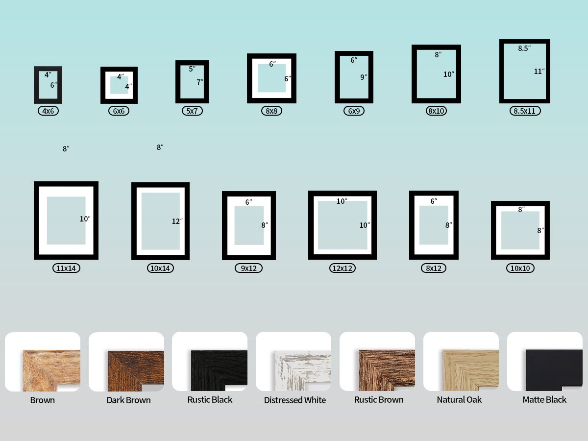 Various picture frame sizes displayed with dimensions and color swatches below.