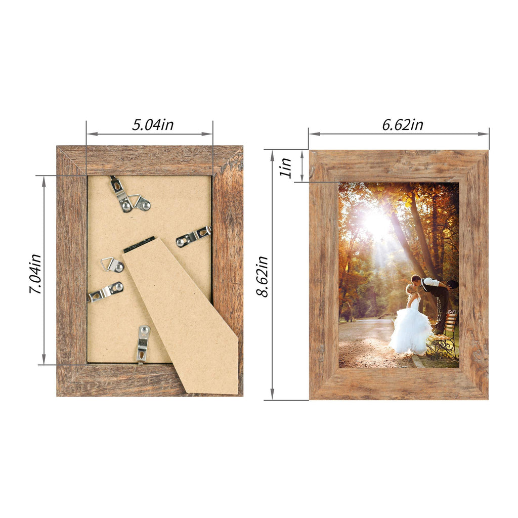 Two rustic brown picture frames shown side-by-side with dimensions indicated. One frame is shown from the back with its stand, the other displays a wedding photo.