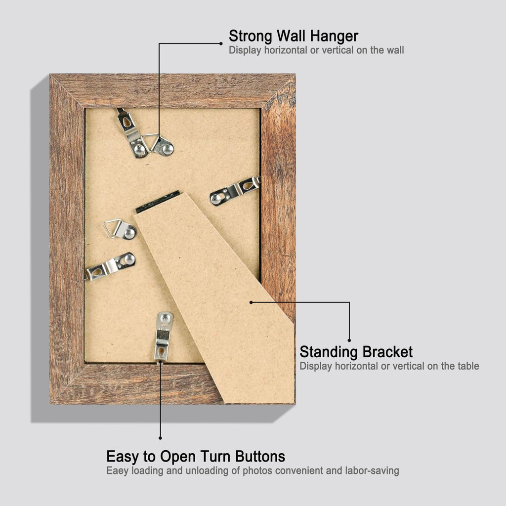Back of a rustic brown 5x7 picture frame showing turn buttons, wall hanger, and standing bracket.