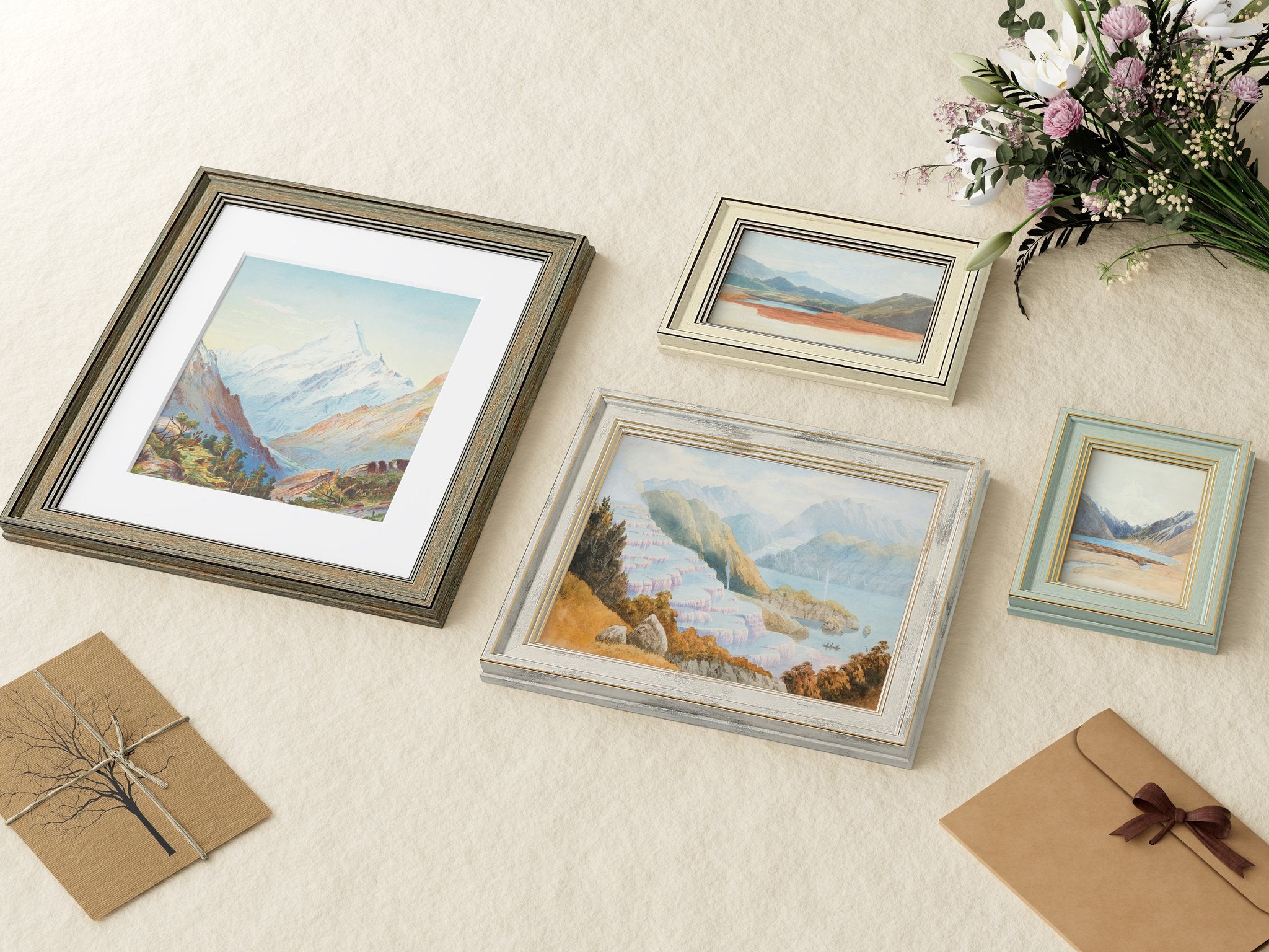 Set of four vintage rustic farmhouse picture frames with landscape art, arranged on a textured cream surface with decorative envelopes and flowers.