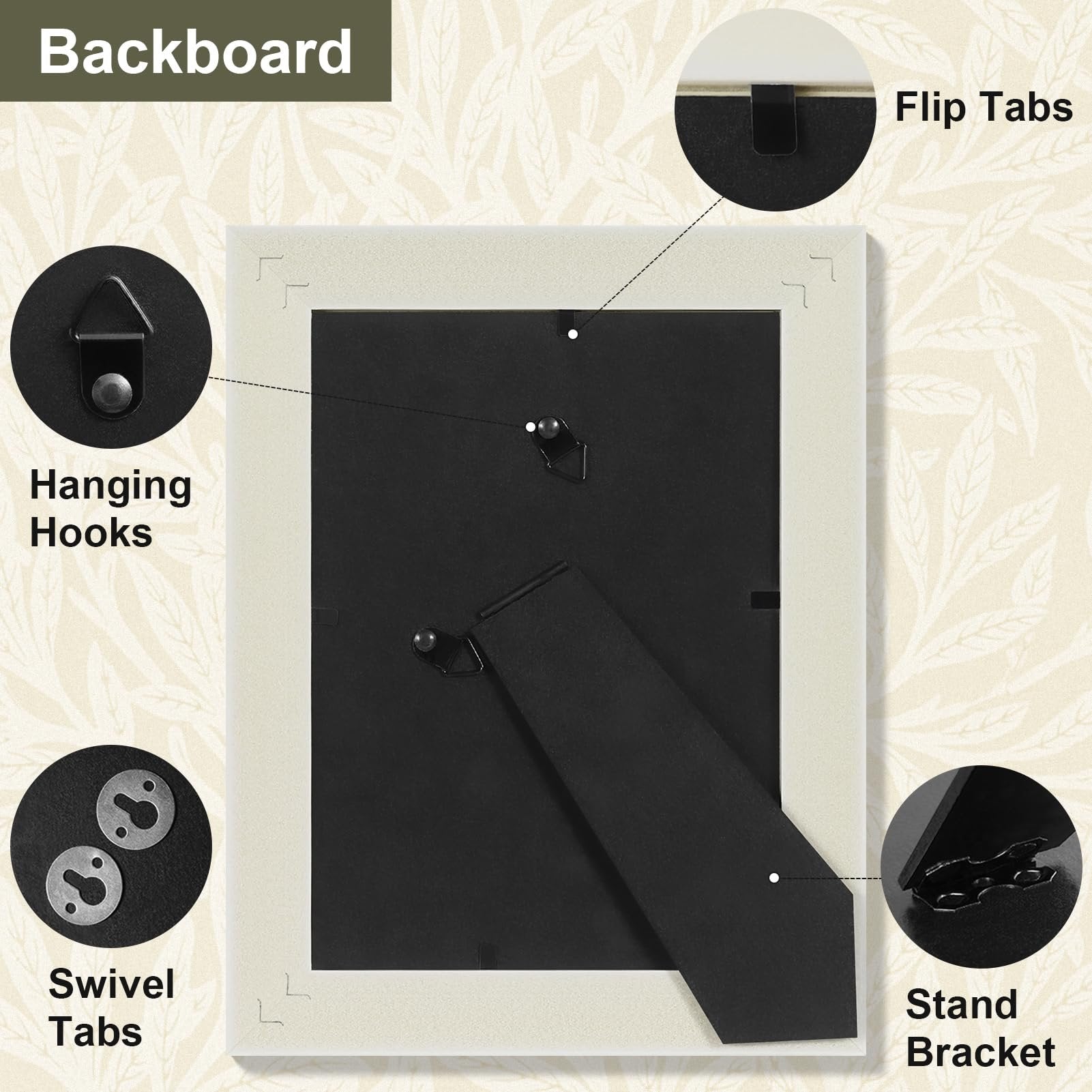 Back of a cream-colored picture frame showing hanging hooks, swivel tabs, flip tabs, and stand bracket.