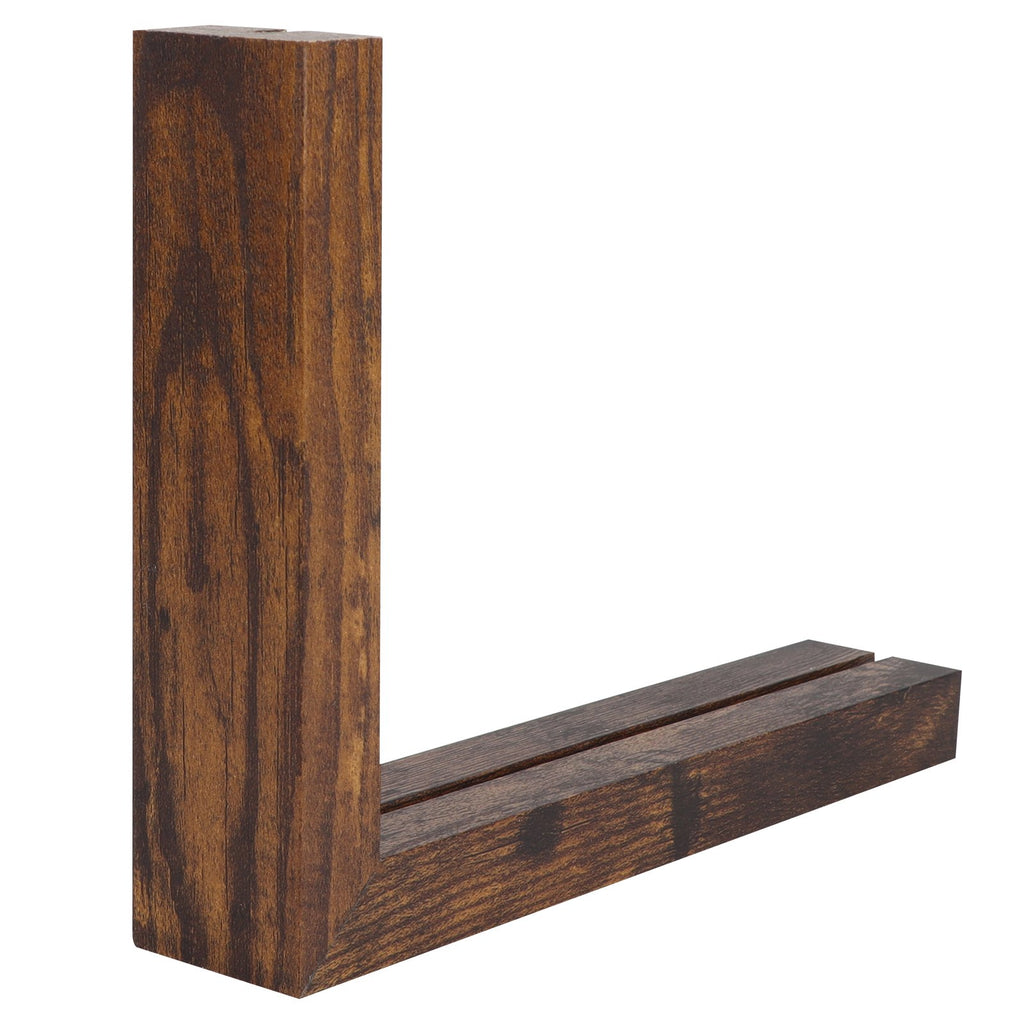 Wooden L-shaped base for tabletop picture frames, dark brown finish, angled view