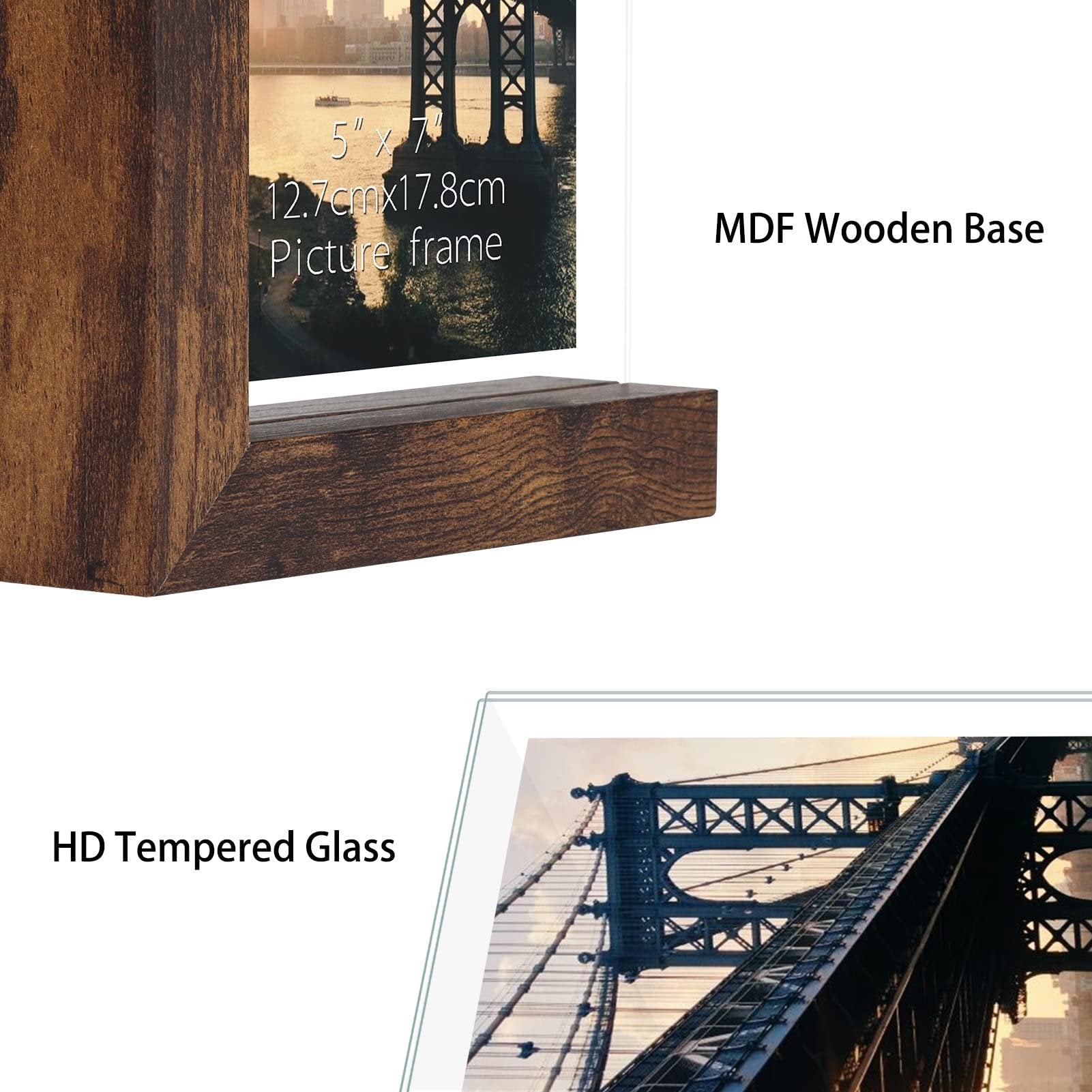 Close-up of a wooden picture frame with text overlay indicating size and material, and a separate graphic highlighting HD tempered glass.