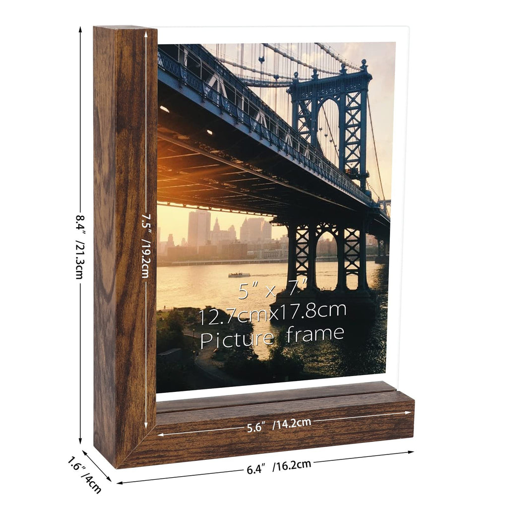 Wooden picture frame with dimensions shown, displaying a bridge and city skyline at sunset.