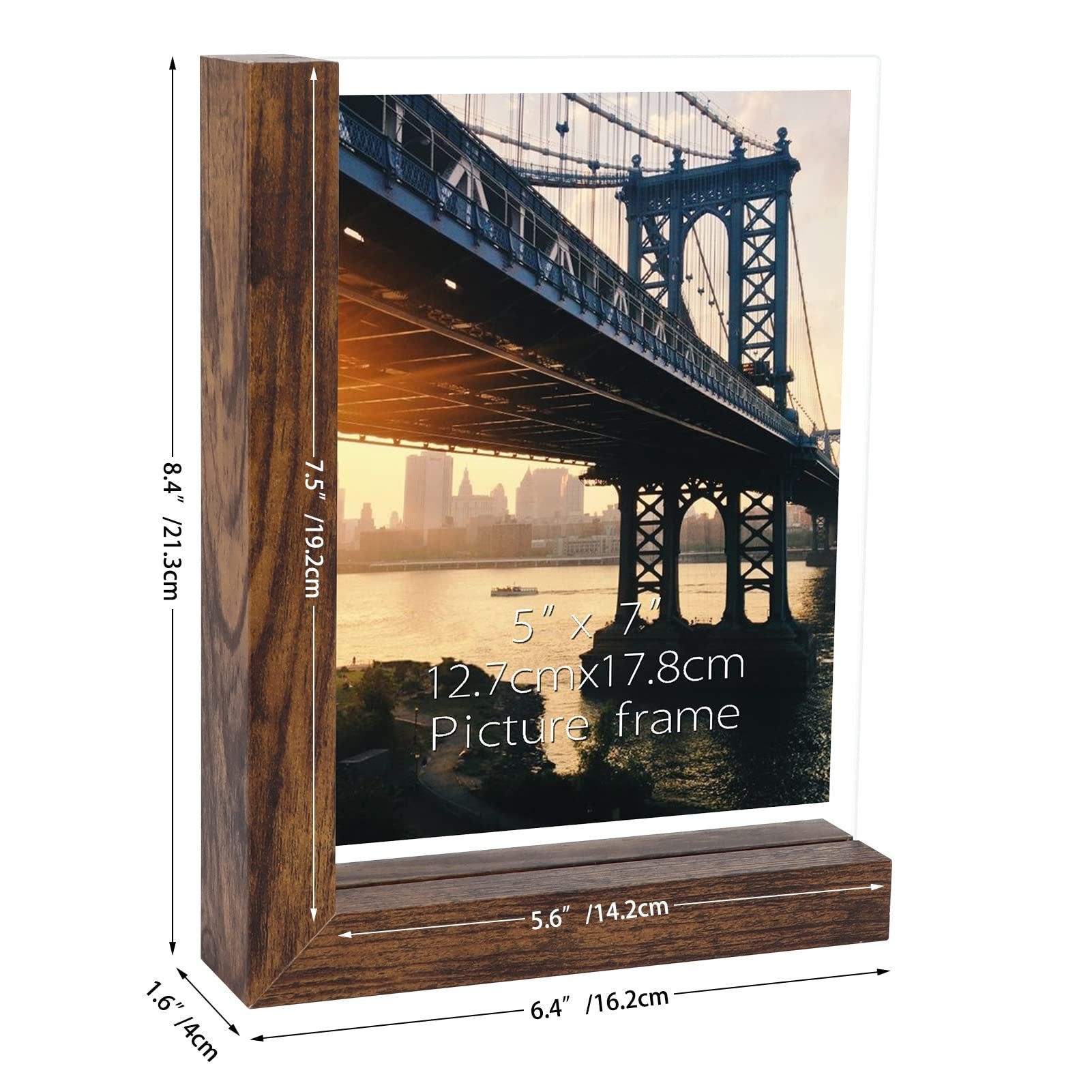 Wooden picture frame with dimensions shown, displaying a bridge and city skyline at sunset.