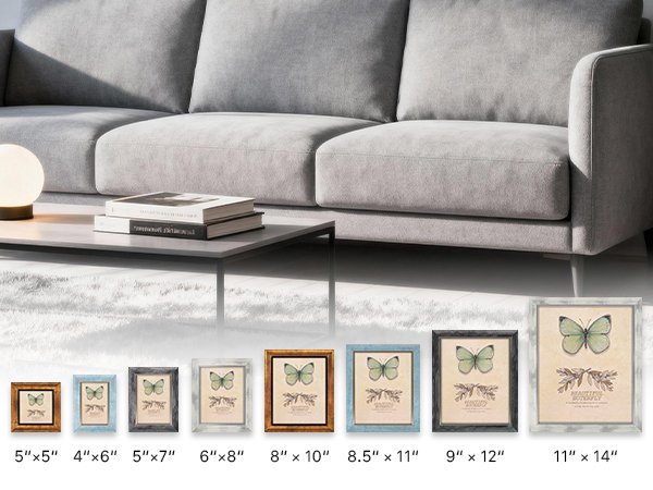 Collection of rustic retro picture frames in various sizes displayed on a shelf with a sofa in the background.