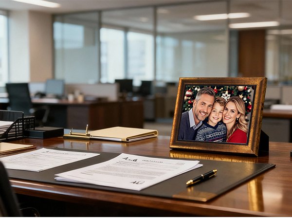 Rustic gold picture frame displaying a family of three in front of a Christmas tree, on an office desk.
