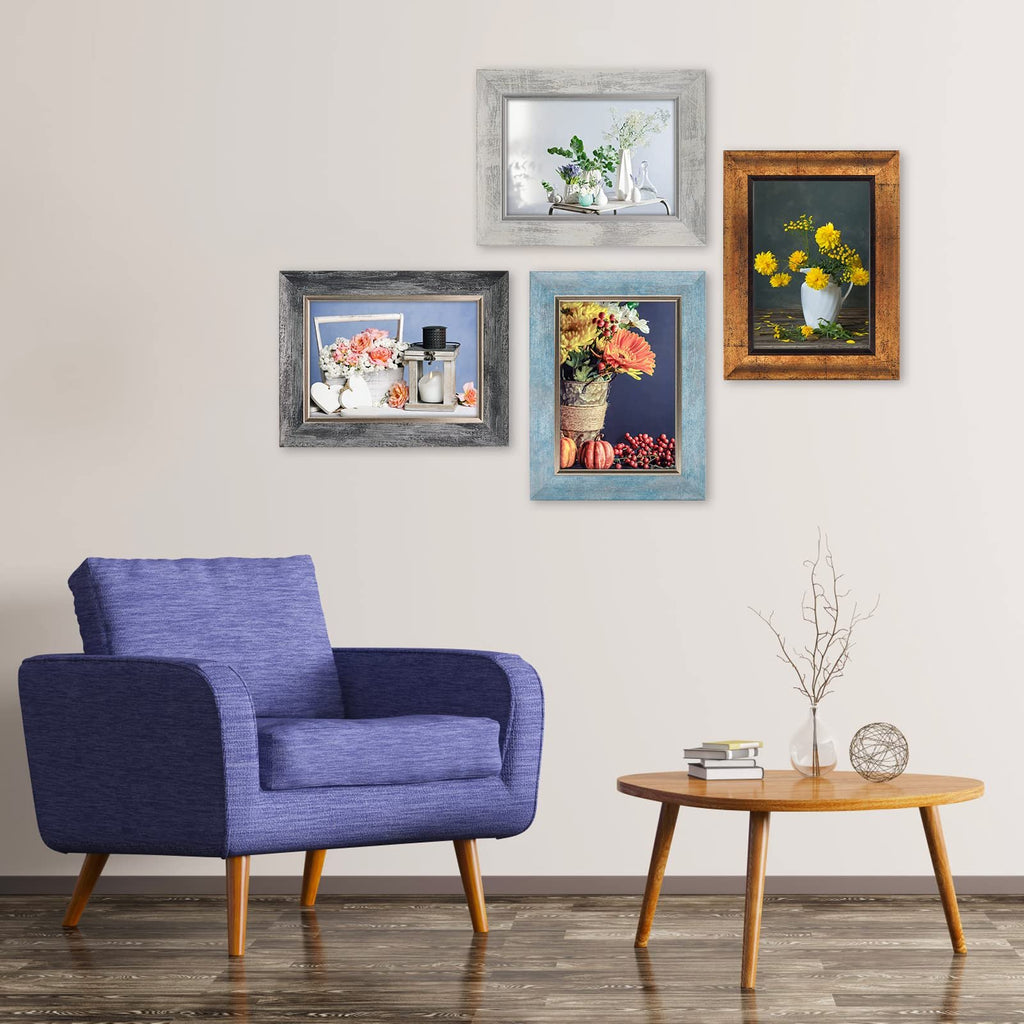 Four rustic picture frames displayed on a wall above a blue armchair, with a coffee table nearby.