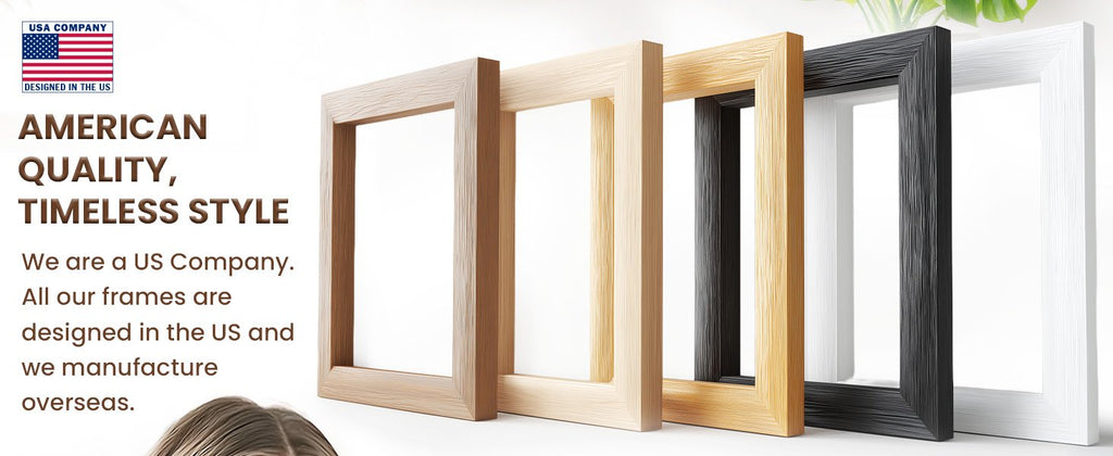 Four picture frames in light wood, natural wood, black, and white finishes displayed in a row.