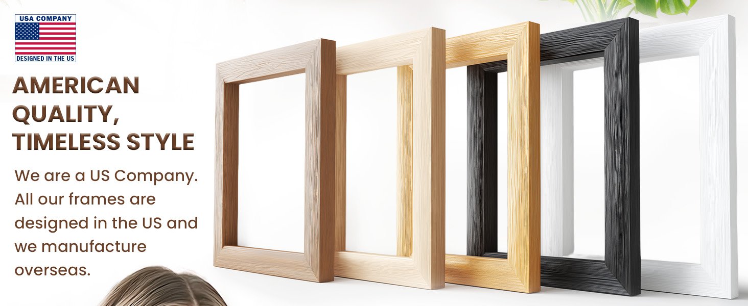 Four picture frames in light wood, natural wood, black, and white finishes displayed in a row.