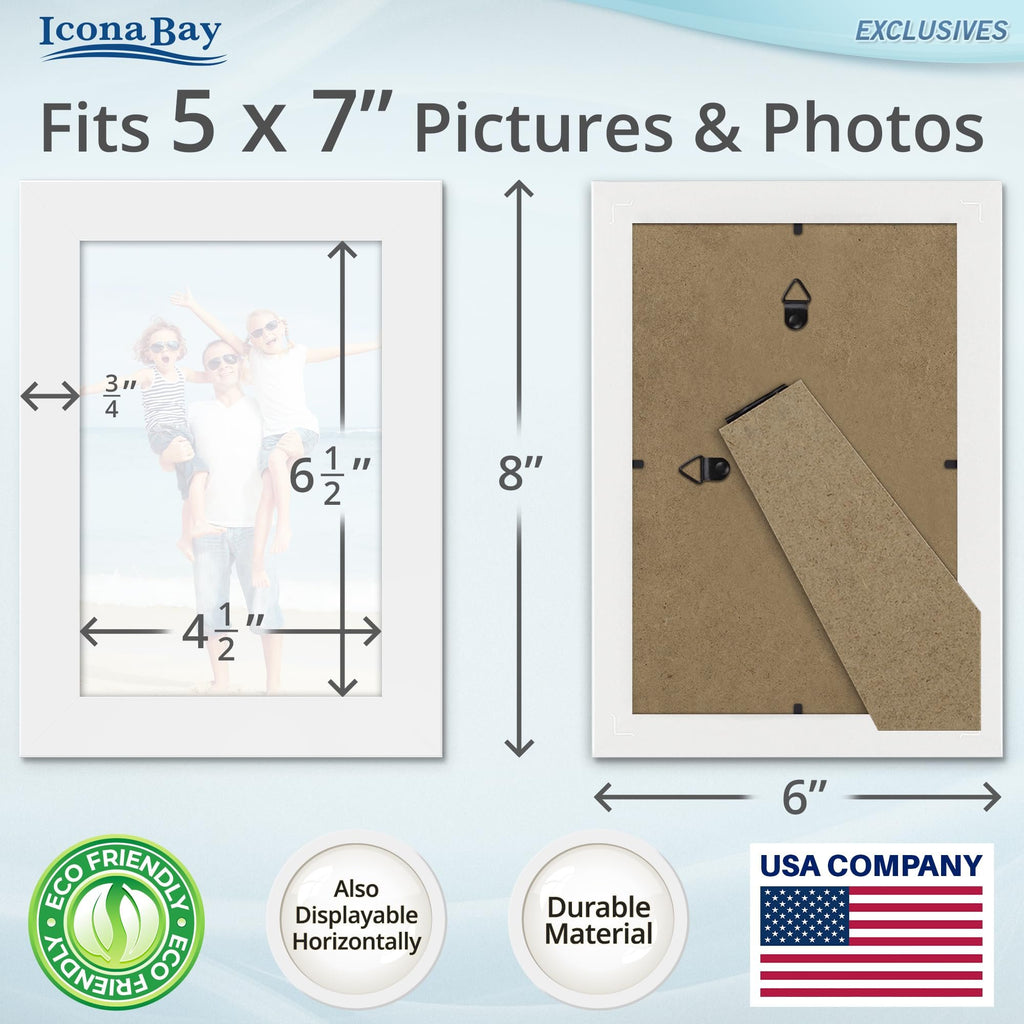 Two white 5x7 picture frames shown front and back with dimensions and family photo inside front frame.