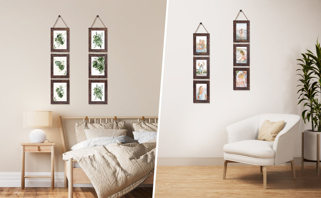 Two sets of triple wall hanging picture frames, one with botanical prints, one with family photos, displayed in bedroom and living room settings.