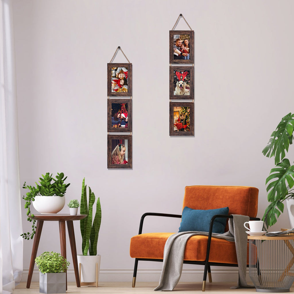 Two distressed brown triple collage picture frames hanging on a wall with family and pet photos