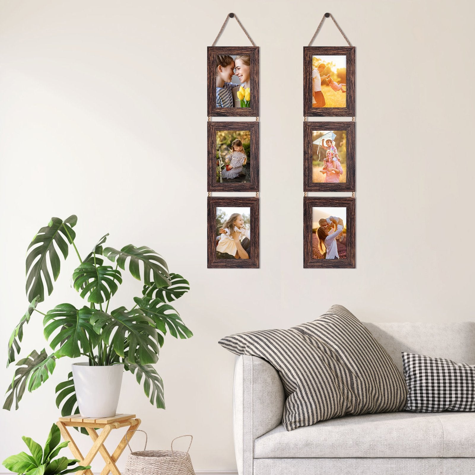 Two distressed brown triple collage picture frames hanging on a wall, each holding six photos of families and children.