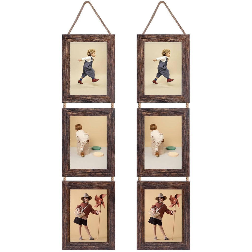 Two distressed brown triple collage wall hanging picture frames, each displaying three different photos of children.