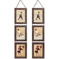 Two distressed brown triple collage wall hanging picture frames, each displaying three different photos of children.