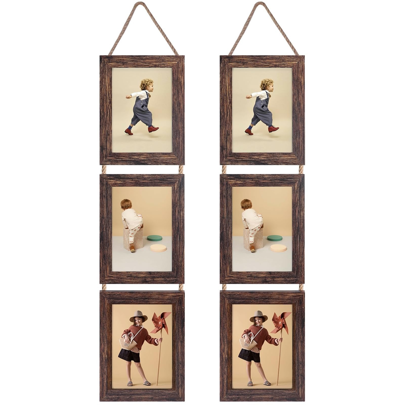 Two distressed brown triple collage wall hanging picture frames, each displaying three different photos of children.