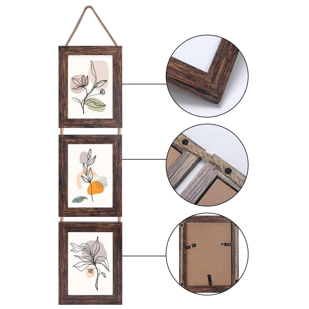 Triple hanging picture frame with distressed brown wood finish and abstract floral art inserts