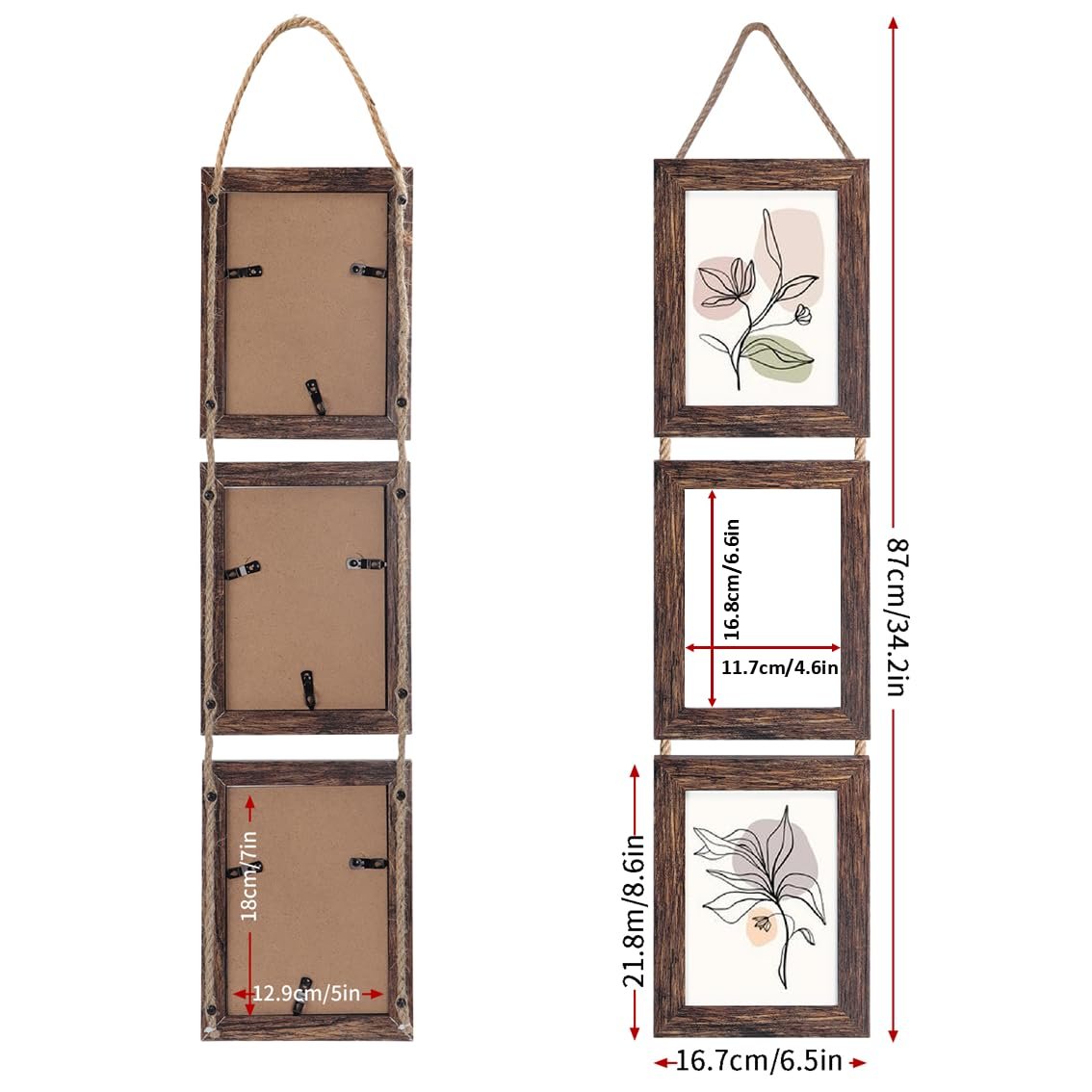 Two distressed brown triple collage wall hanging picture frames shown from front and back, with dimensions indicated.
