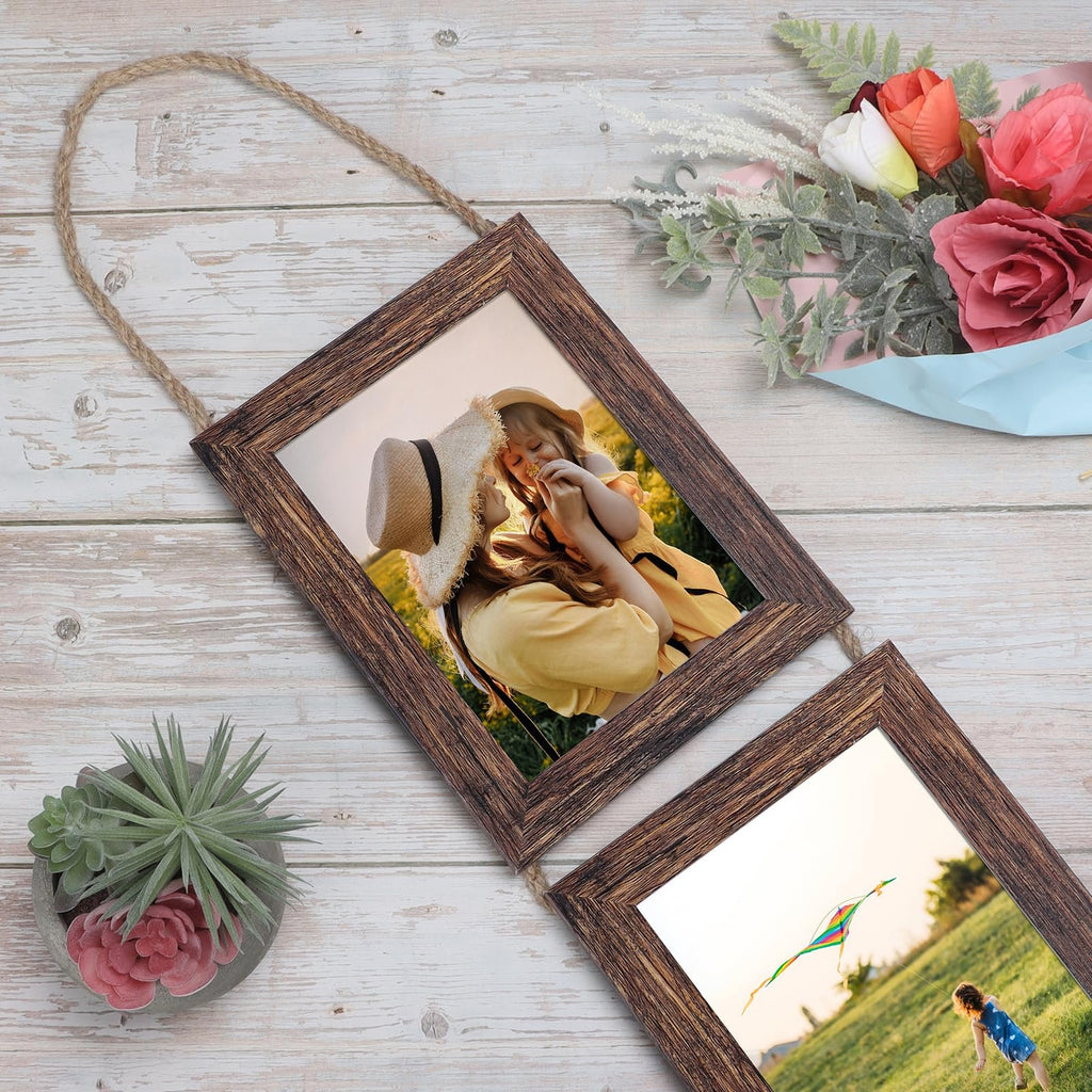 Distressed brown triple collage picture frame with rope hanger, displaying two photos of family and outdoor scenes.