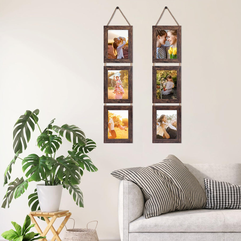 Two distressed brown triple collage picture frames hanging on a wall, each holding three photos of families and children.