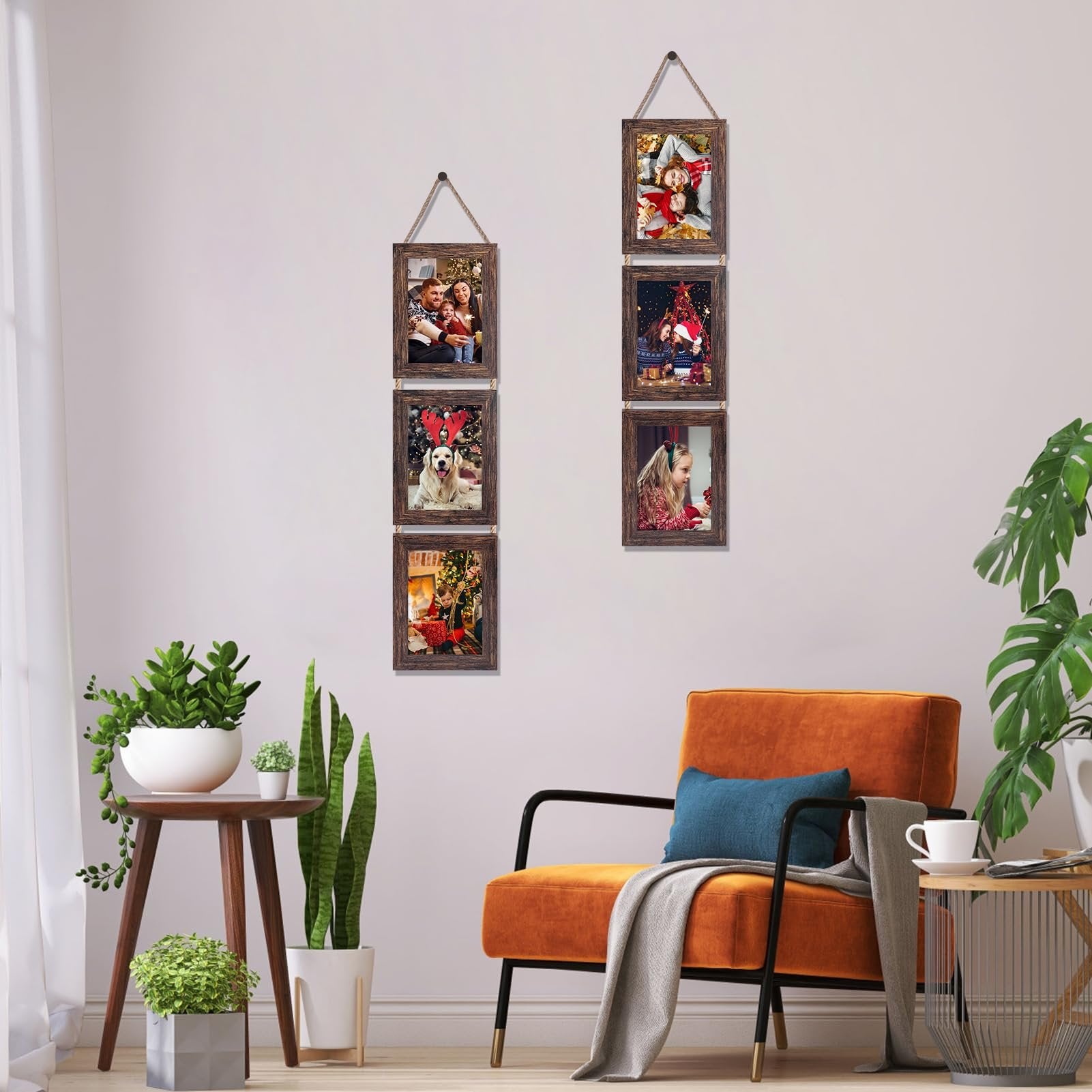 Two distressed brown triple collage picture frames hanging on a wall, each displaying three Christmas-themed photos.