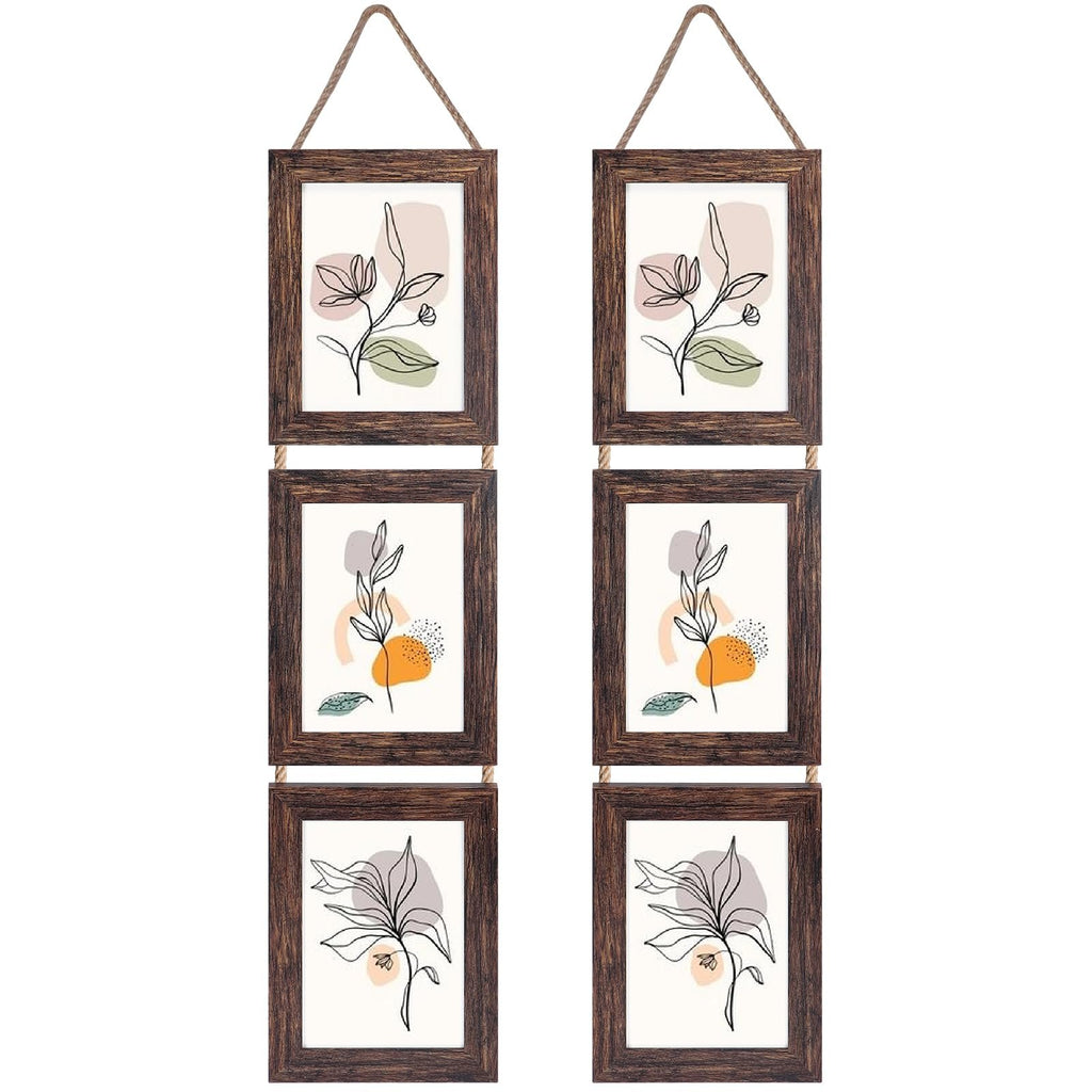 Two vertical collages of three distressed brown picture frames each, hanging by rope, displaying abstract floral line art.